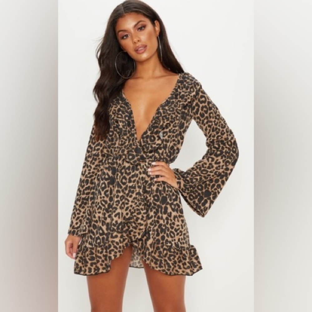 Leopard Print V-Neck Ruffle Mini Dress - Brown
